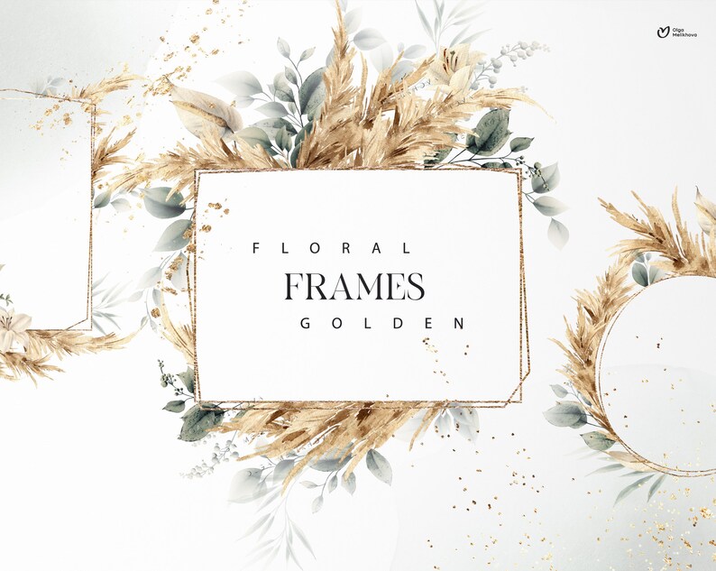May include: Two gold frames with a floral design. The frames are surrounded by dried pampas grass and eucalyptus leaves. The text "FLORAL FRAMES GOLDEN" is inside the larger frame.