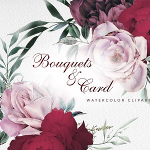 Watercolor floral clipart, Burgundy flowers, bouquets and frame, Floral Watercolour Digital Instant Download Clip Art
