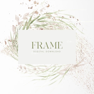 Blumenrahmen, grüner Rahmen mit Gold, leichtes Laub, Hochzeitseinladungskarte, digitale Blumen Clipart PNG, sofortiger Download