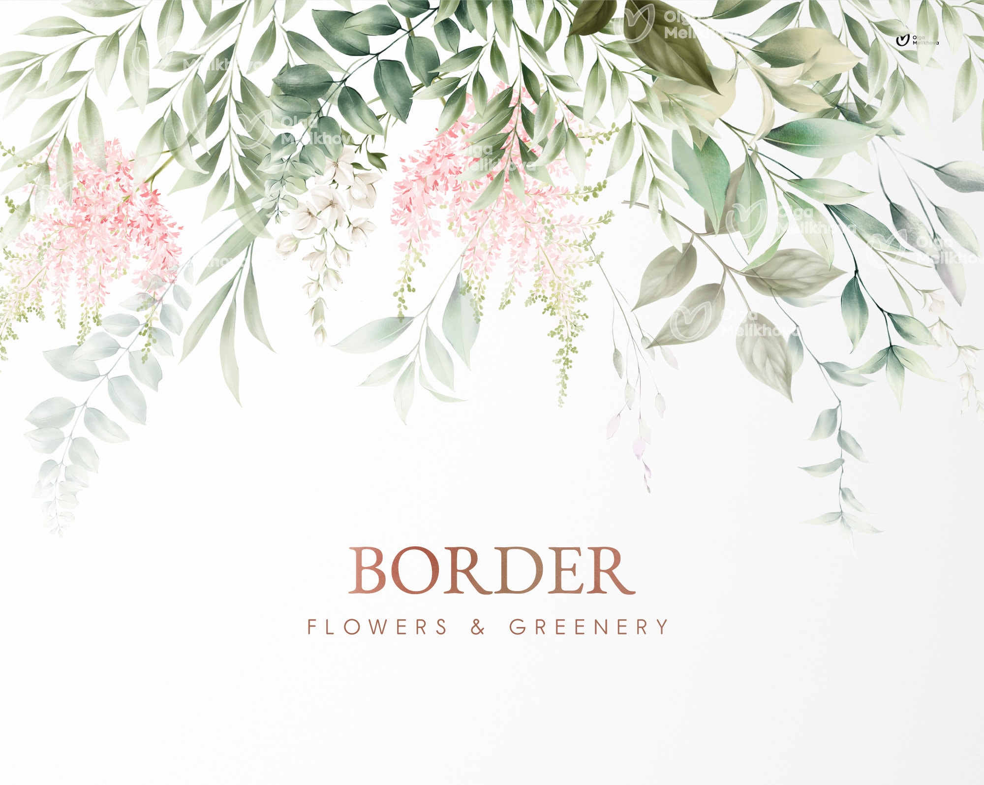 Floral border, Greenery Foliage Border, Green leaves & Pink flowers, Wedding invite card, Digital floral clipart PNG, Digital download