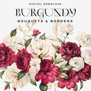Clipart floral blanc bordeaux, fleurs anciennes vintage, bordures florales, clipart de bouquets, clipart floral mariage PNG à usage commercial