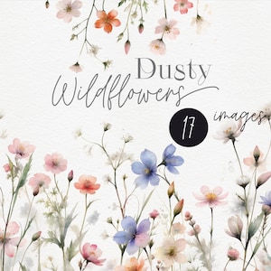 Watercolor Floral Clipart, Dusty Wild Floral, Wild Flowers Borders, Frames, bouquets, Summer Wildflowers, Wedding Clipart PNG