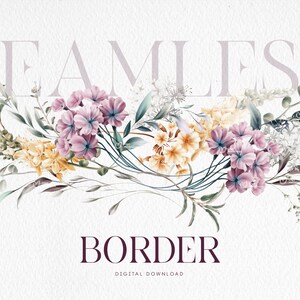 May include: A seamless floral border with pink, yellow, and white flowers, green leaves, and blue stems. The text "SEAMLESS BORDER" is above the floral design and the text "DIGITAL DOWNLOAD" is below the floral design.