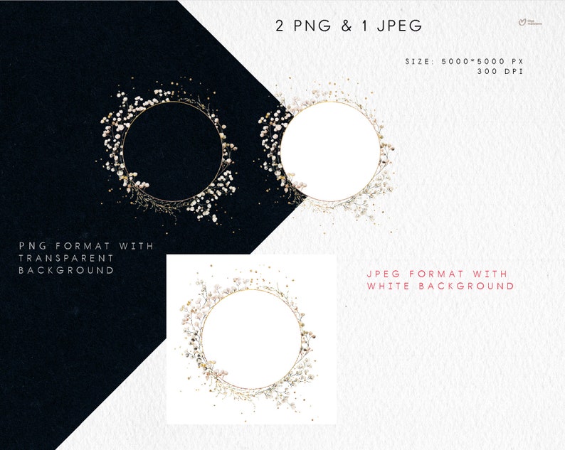 Pu&ograve; includere: Due file PNG e un file JPEG di una cornice circolare dorata con fiori bianchi e vegetazione. I file PNG hanno uno sfondo trasparente e il file JPEG ha uno sfondo bianco. L'immagine &egrave; di 5000 x 5000 pixel e 300 DPI.