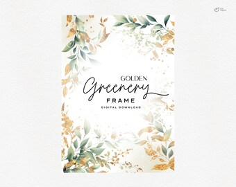 Floral frame, Golden greenery, Greeting card, Watercolor flowers, Wedding floral clipart png, Digital download PNG