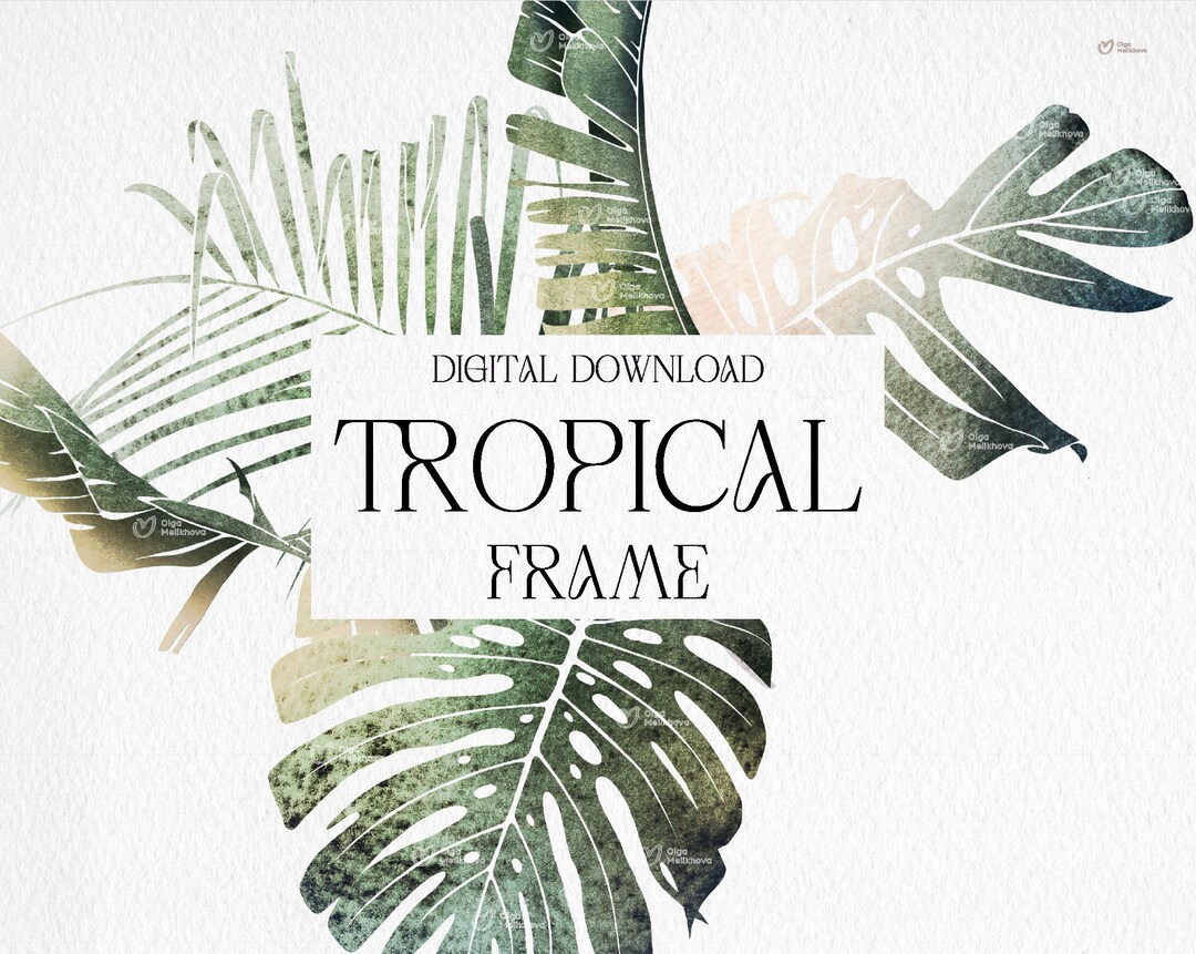 Tropical Floral Frame, Tropical Leaves, Watercolor Flowers, Wedding ...
