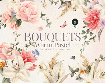 Floral bouquets clipart, Warm Pastel flowers, Watercolor Flower Clipart, Summer flowers, Printable sublimation designs, Digital clipart PNG