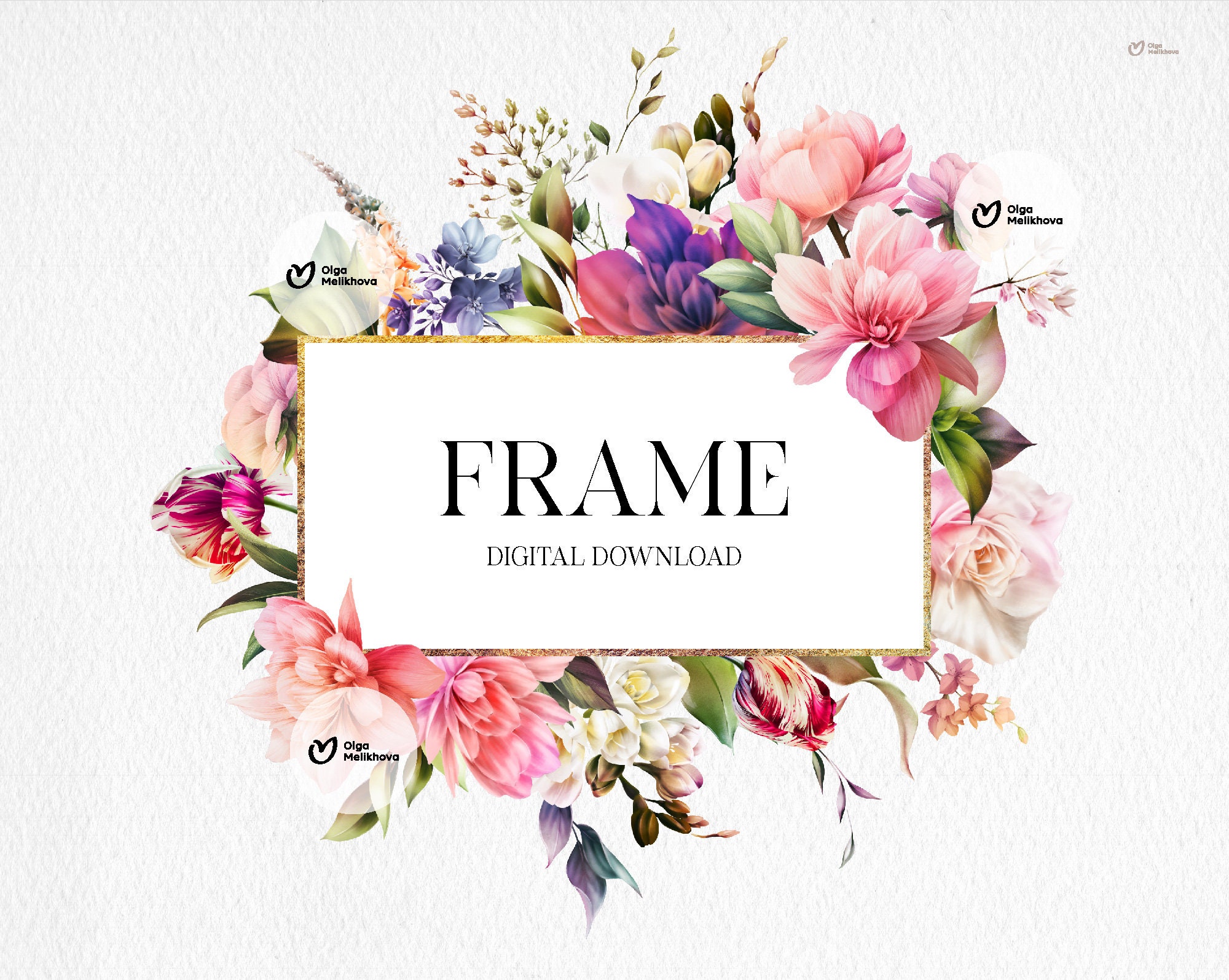 Floral frame, Foliage and Bright flowers, Border-frame, Wedding floral clipart png, Digital download