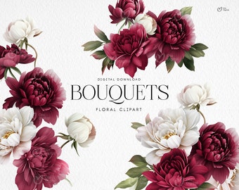 Buquês florais clipart, flores cor de vinho png, clipart de peônias em aquarela, designs de sublimação para impressão, clipart digital PNG