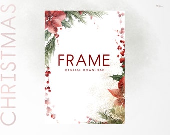 Christmas frame, Poinsettia flowers, New Year invite card, Christmas greenery, Digital clipart PNG, Digital download