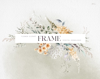 Floral frame, Foliage and Wildflowers, Watercolor flowers, Wedding floral clipart png, Digital download