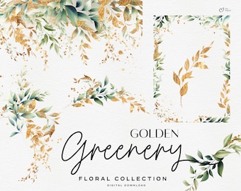 Golden greenery, floral bundle, Border-frames, Wedding invite card, Bouquets, Digital floral clipart PNG, Digital clipart PNG