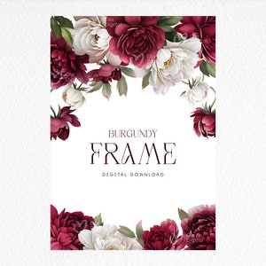 Cornice floreale per inviti, pagine di diario, peonie bordeaux acquerellate, clipart floreali png, download immediato PNG