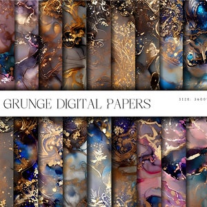 Grunge Digital Paper, brown, gold, blue and pink paper, alcohol ink backgrounds, printable scrapbook paper, floral print, digital download