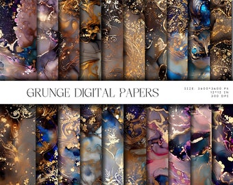 Grunge Digital Paper, brown, gold, blue and pink paper, alcohol ink backgrounds, printable scrapbook paper, floral print, digital download