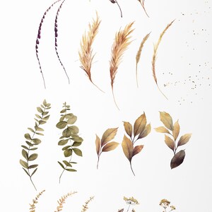 May include: Watercolor illustrations of various botanical elements, including sprigs of purple flowers, brown and green leaves, and beige grasses. The illustrations are on a white background.