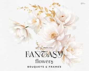 Fantasy flowers, Light flowers  Clipart, Watercolor flowers, Floral border, Bouquets Clipart, Wedding Floral Clipart PNG, Commercial use