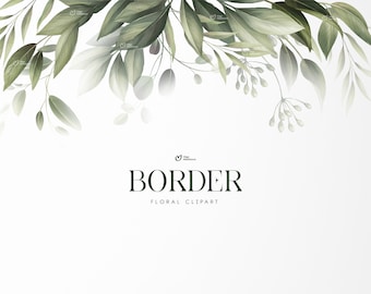 Floral border, Greenery Foliage Border, Green leaves, Wedding invite card, Digital floral clipart PNG, Digital download