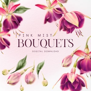 Floral bouquets clipart, Fuchsia bouquets png, Watercolor Flower Clipart, Foliage, Printable sublimation designs, Digital clipart PNG