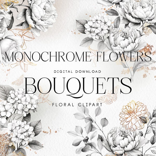 Floral bouquets clipart, Monochrome bouquets png, Botanical Flower Clipart, Foliage, Printable sublimation designs, Digital clipart PNG
