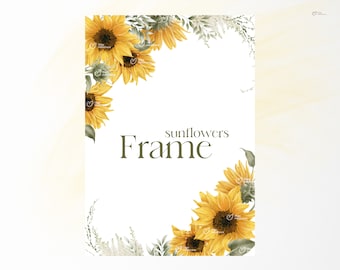 Floral frame, Sunflower frame, Sunflower border, Watercolor flowers, Wedding floral clipart png, sublimation print, Digital download