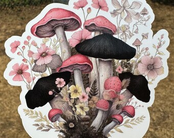 Mushroom and Floral Vinyl Sticker, Durable and Water Resistant