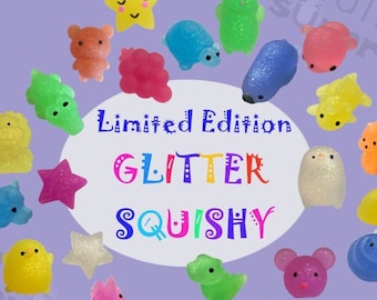 Limited Edition!  GLITTER Squishy Mochi silicon stress reliever - small surprises glitter bear aligator snake turtle - anti-stress