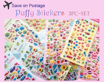 3pc-Set! Save on Postage!  Puffy stickers for scrapbooking DIY  /  deco stickers cute characters