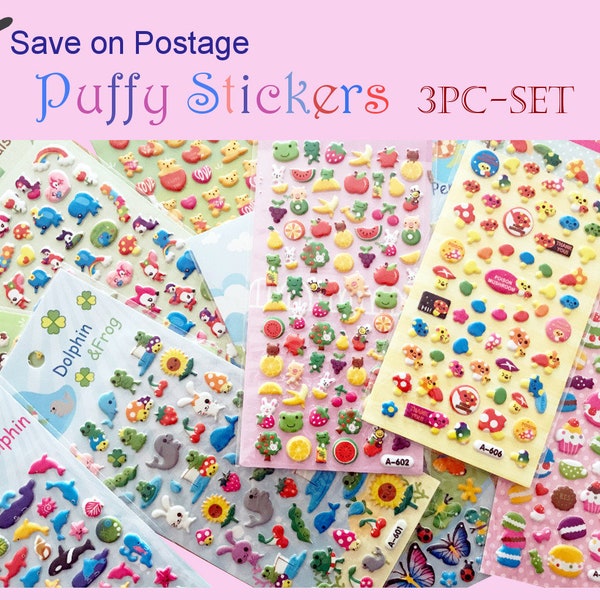 3pc-Set! Save on Postage!  Puffy stickers for scrapbooking DIY  /  deco stickers cute characters