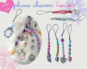 kawaii beads phone charm with cute resin pendant - cute charms keychain resin / polymer - bear cat lolli sumikko rabbit colorful beads