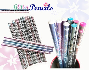 2pc Set - kawaii cute 2B HB Glitter Sparkle Stars Pencils / Cat Piano Pencils - cartoon school supplies fun - Pencils for School