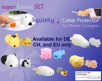 EU ONLY - kawaii Cable Protector +  Squishy combo set - cute gifts Squishy Mochi Silicon Stress Reliever + Charger Cable Protector