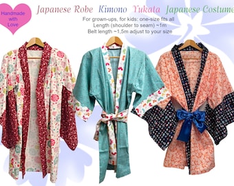 Handmade unique (only 1 pc per design) colorful Robe kawaii Kimono Yukata japanese costume - one size fits all - cotton fabric satin belt