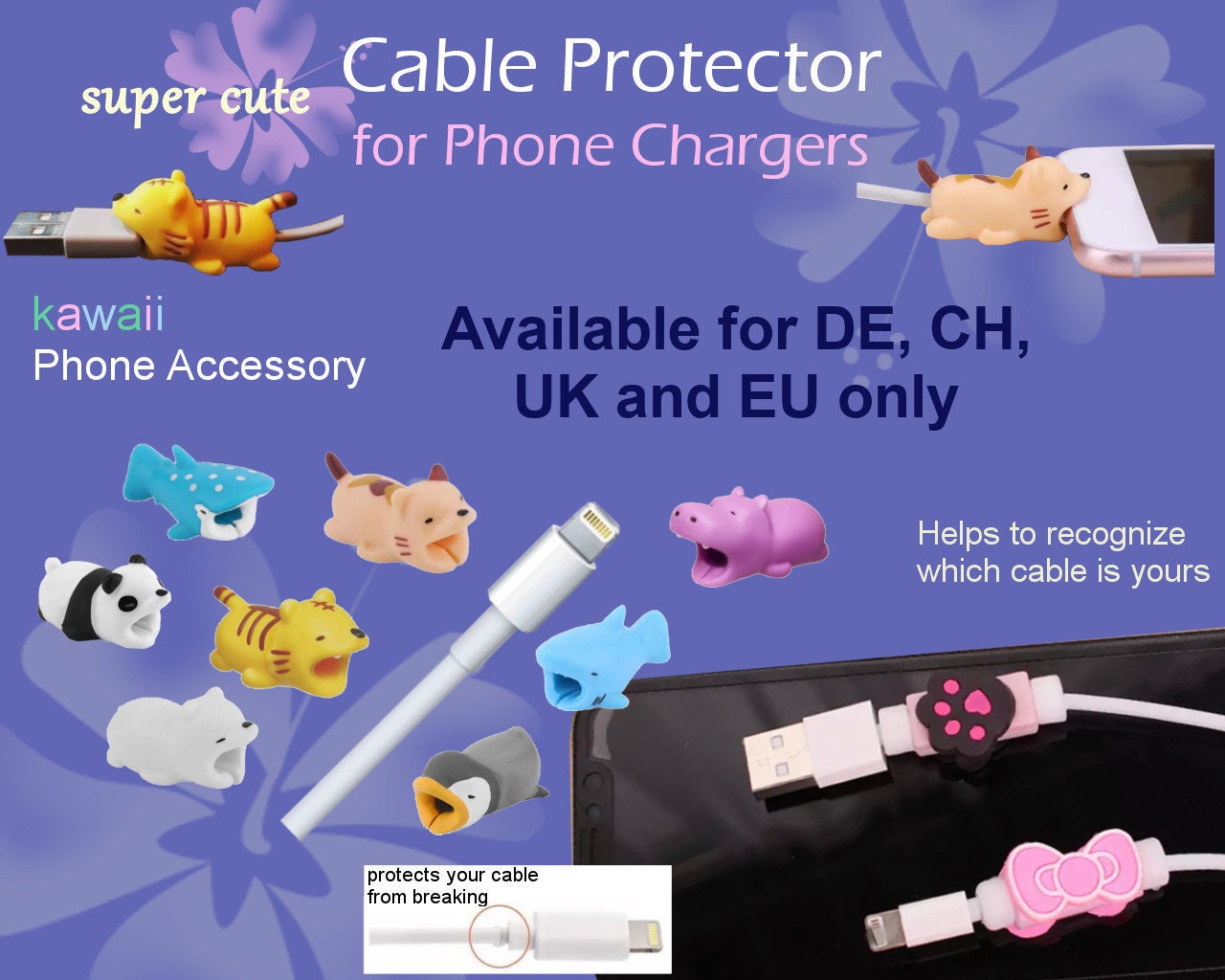 Bonito protector de mordida de cable para cargador de iPhone tipo C, juego  de 4 piezas de protector de cable para niños, niñas, niños y adolescentes