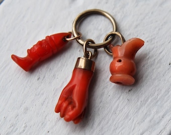 Antique Coral Talisman Figa Charms, Victorian Coral Jester, Fist & Puzzle Jug Charms