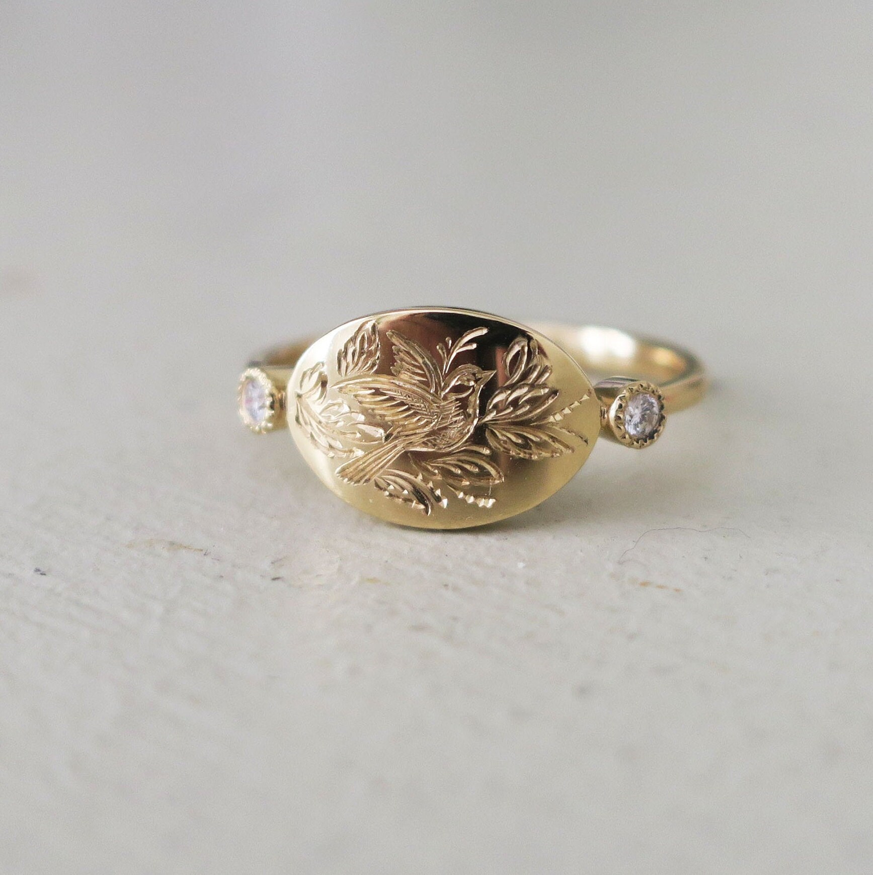 Diamond Engraved Bird Ring Etsy
