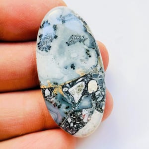 May include: An oval-shaped gemstone with a unique pattern of white, gray, black, and gold. The stone's surface has a marbled appearance, with intricate details and a polished finish. The gemstone is held in a hand, showcasing its size and shape.