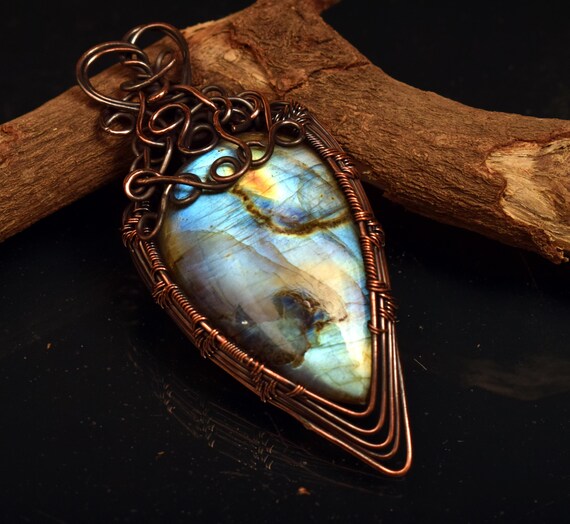 Beautiful Pear Blue Labradorite Wire Wrap Pendant, Oxidized Copper