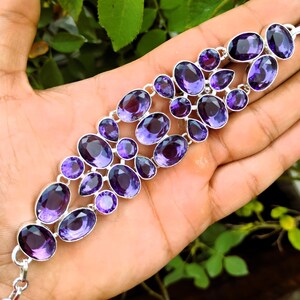 Amethyst Gemstone Silver Bracelet: Handmade Adjustable Design