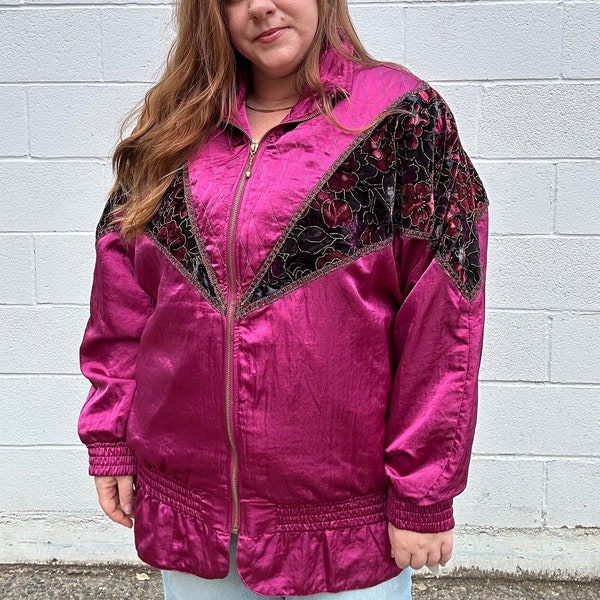 Vintage PLUS SIZE 1980s DEADSTOCK Lady Lavon Pink Magenta Floral Velvet Bomber Jacket