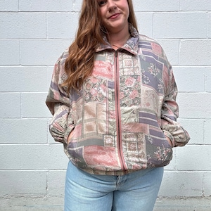 Vintage STUNT Sports Pastel Neutral Patchwork SILK Floral Bomber Jacket