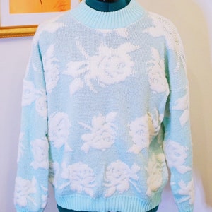 Vintage Metallic Sky Teal Blue Mock Neck Arielle Sweater with White Rose Pattern