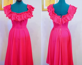 Vintage Hot Pink 1960s Ruffle Midi Fit & Flare Dress