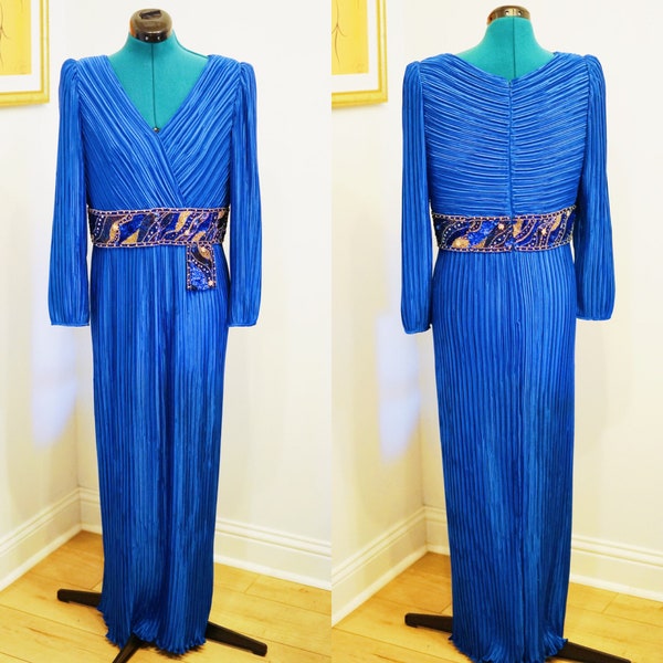 Vintage George F Couture Royal Blue Grecian Beaded Fancy Formal Long Dress