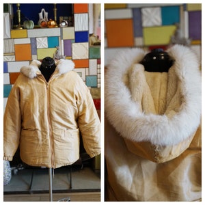 Vintage 1990s John Weitz Y2K Gold Bomber with Fur Hood \\ Plus Size Gold Winter Puffer Jacket