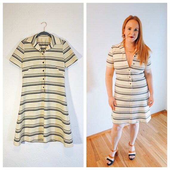 Brown & White 1970s Vintage Striped Dress, homema… - image 1