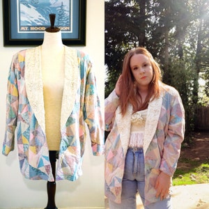 Vintage Pastel Patchwork And Lace Silk Blazer