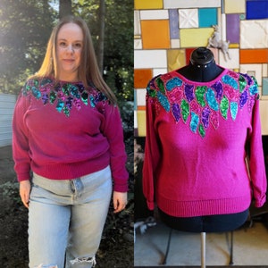 Vintage Deadstock Victoria Jones Pink Rainbow Sequined Sweater // Barbie core Pink Sweater