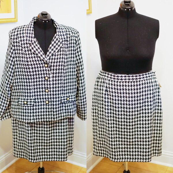Vintage PLUS SIZE Plaid Wool Herringbone Black and White NWT Deadstock Preppy Clueless Gossip Girl Skirt and Blazer Suit // Fitting Image