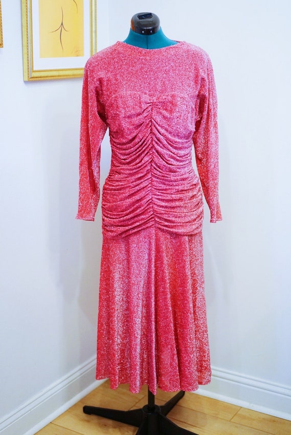 Vintage Sparkly Bright Pink Magenta Sweatheart Rouged Midi Disco Dress // Norma Della Legge Italian Designer Dress 1970s
